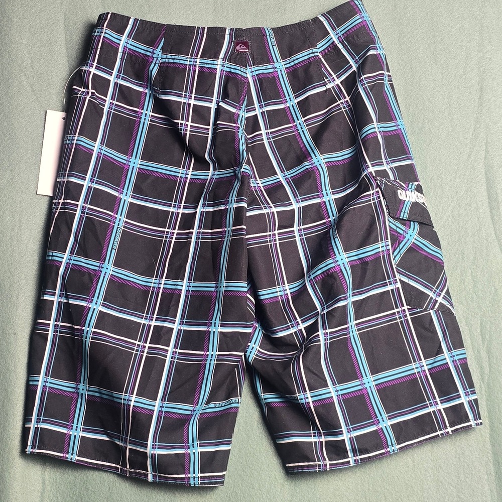 Quiksilver Boys Plaid Board Shorts Black Teal Purple Swim Trunks Size 10 NEW‎ - Picture 2 of 14